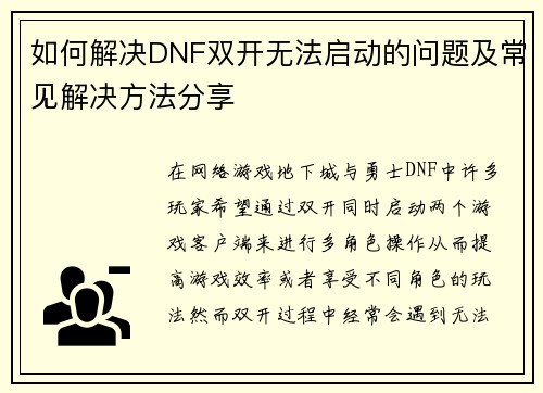 如何解决DNF双开无法启动的问题及常见解决方法分享